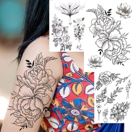 Realistic Peony Lotus Temporary Tattoos For Women Girl Flower Bird Fake Tattoo Sticker Black Large Adhesive Sexy Transfer Tatoo