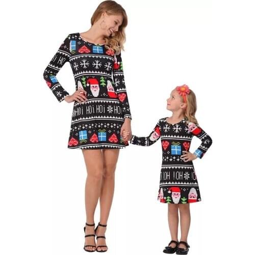 Christmas Family Matching Clothing Mid-length Dress Santa Claus Printed Mother Daughter Dress Long Sleeve Mom and Me Dress