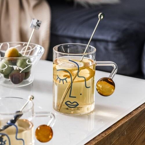 500ml Face Art Glass Cup Nordic Home Decor Creative Coffee Mug With Ball Handle Kitchen Drinkware Cup Gift For Couple Friend Her