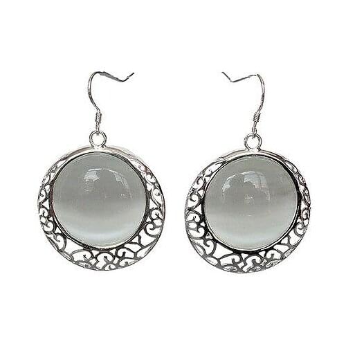 VINTAGE NATURAL WHITE OPAL CAT EYE 925 STERLING SILVER EARRINGS 11/5"