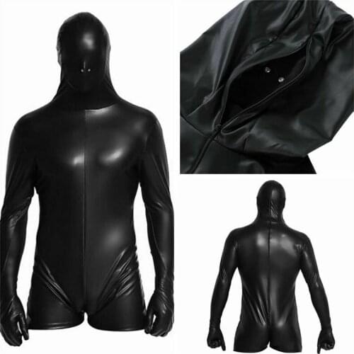 Adult Men Faux Leather Full Body Bodysuit Wetlook Hood Unitard Skinny Jumpsuit Leotard Top Clubwear Fetish Costume
