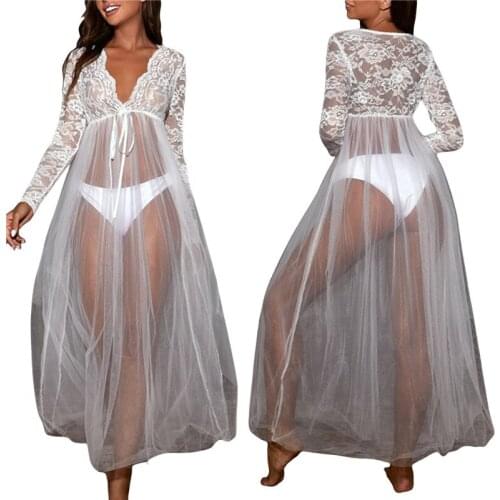 Women Sexy Exotic Dresses for Female Summer Night Skirt Lace Stitching Sheer V-Neck Long Sleeve Long Dress Lingerie
