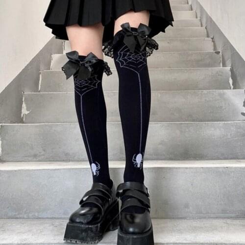 Women Gothic Halloween Spider Web Knee High Socks Lolita Ruffles Lace Bowknot Black Stockings Cosplay Hosiery Streetwear