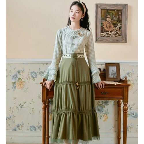 2019 new fashion womens clothing Autumn Plaid Shirt + Green Embroidered Skirt Set 2 piece outfits for women