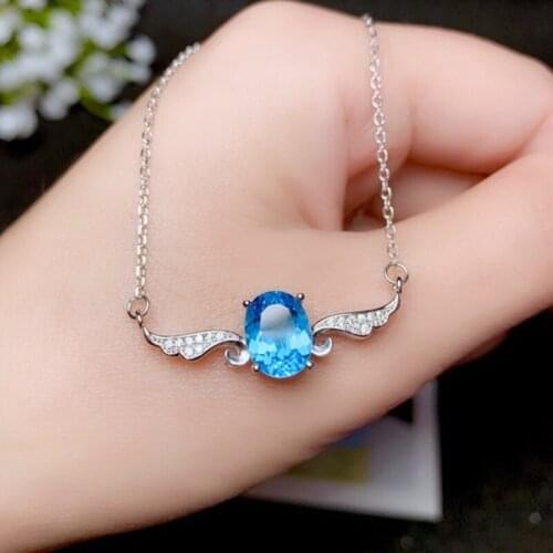 Blue Topaz Necklace 7*9MM Top Quality Natural Gemstone Fine Jewelry for Women Anniversary gift Real 925 Sterling Silver