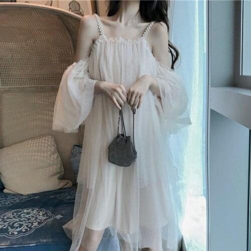 Fairy Dress Woman Ruffle Off Shoulder Dress Elegant Mesh Long Beach White Dresses For Women Party 2021 Korean Shoulder strap New