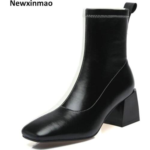 2021 New Autumn Winter Shoes for Women Fashion Genuine Leather Square Toe High Heels Boots Classic Design Party Ankle Boots