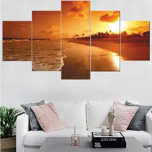 5 Pieces Wall Art Canvas Painting Seascape Poster Red Sunset Beach Modern Living Room Home Decoration Framework Pictures