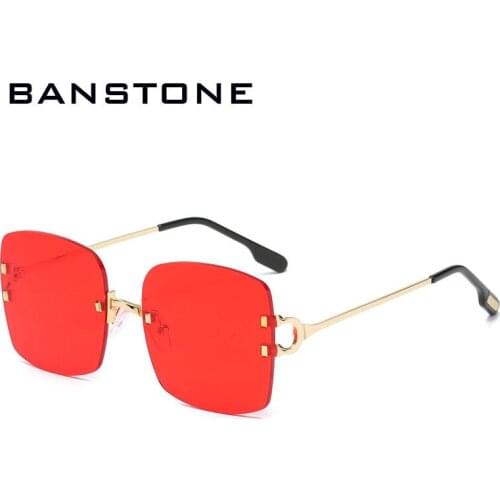 BANSTONE blue rectangular sunglasses rimless men metal fashion square sun glasses for women gradient lens frameless 2021 uv400