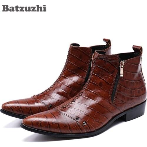 Batzuzhi Italian Punk Mens Boots Fashion Pointed Toe Genuine Leather Ankle Boots Man Handmade Botas Hombre Business Botas, US12