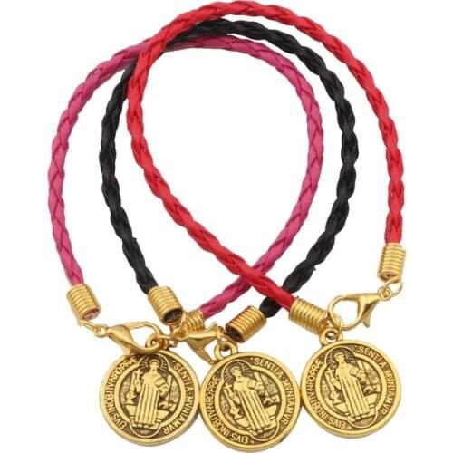 50pcs Leather Bracelet Antique Gold Saint Jesus Benedict Nursia Patron Medal Cross Alloy Charms Pendants Bracelet 3color