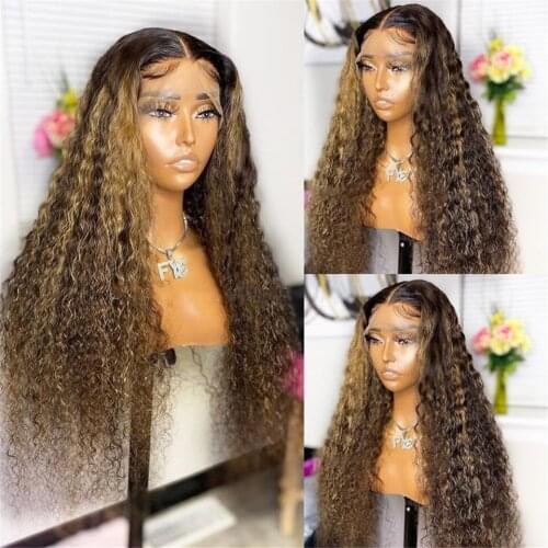 Highlight Ombre Curly Human Hair Wigs 13x4 Lace Front Wigs For Women Bleached Knots Brazilian Remy Pre-Plucked 180% Density