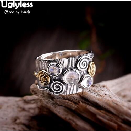 Uglyless Curved Thai Silver Exotic Wide Rings for Women Real 925 Sterling Silver Open Rings Cats Eyes Stones Agate Jewelry R847