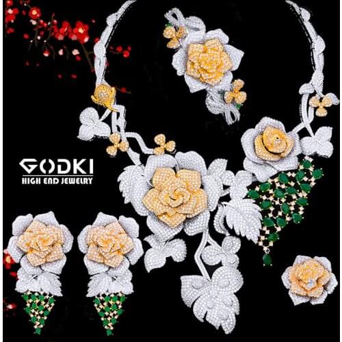 GODKI Super BIG Luxury 4PCS Rose Flowers Africa Cubic Zirconia Set Jewelry Set For Women Wedding Cubic Zirconia Dubai Bridal Set
