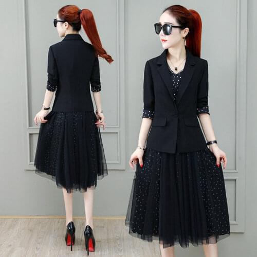 Dress Sets Half Sleeve Blazer Jacket+Polka Dot Casual Mesh Pleated Strap Long Dresses 2 Piece Set Office Work Lady Suit X354