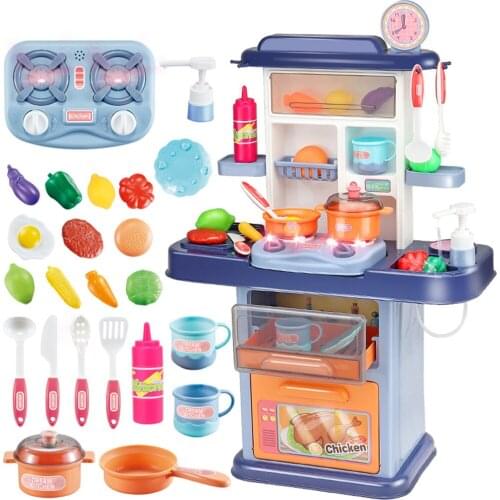 Kitchen Set Pretend Play with Sound & Light Toy Stove Pan Spoon Vegetable Fruit with Water System Cooking Playset Gift