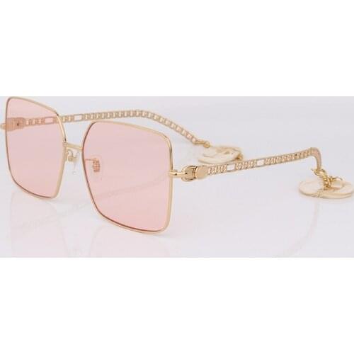 Square metal gold sunglasses women fashion style pink lens with chain