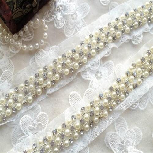 Pearl Trim and Rhinestone Beaded Lace Trim Ribbon For Wedding Belt Straps Jewelry Costume design by yard