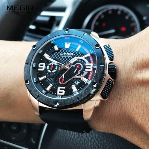 MEGIR 2020 Luxury Mens Watches Top Brand Waterproof Chronograph Quartz Watch Men Silicone Strap Army Sport Luminous Wristwatch