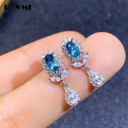 Fashion Silver 925 Women Earrings Ocean Blue Sapphire Gemstone Drop Hanging Earring Birthday Gifts Flower Crystal Fine Jewelry