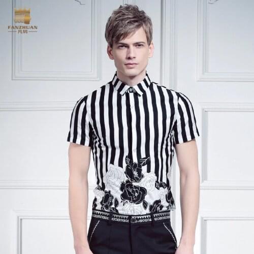 Free shipping New male Summer Mens casual fashion slim black and white striped short sleeved cotton printed shirt FanZhuan
