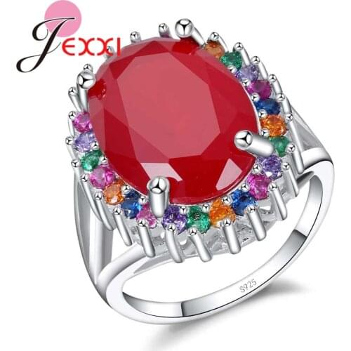 New Stylish Oval Red Crystal Ring Colorful Flower Shape High Quality 925 Sterling Silver Wedding Bridal Jewelry