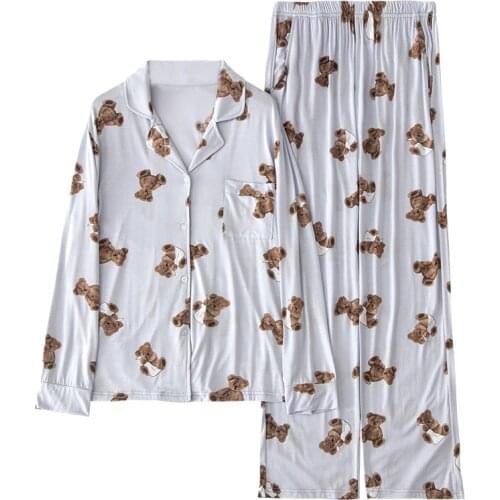 Night Suits for Women 2020 Autumn Winter New Modal Cartoon Bear Print Pajamas Womens Suit Long Sleeve Lapel Women Home Clothes