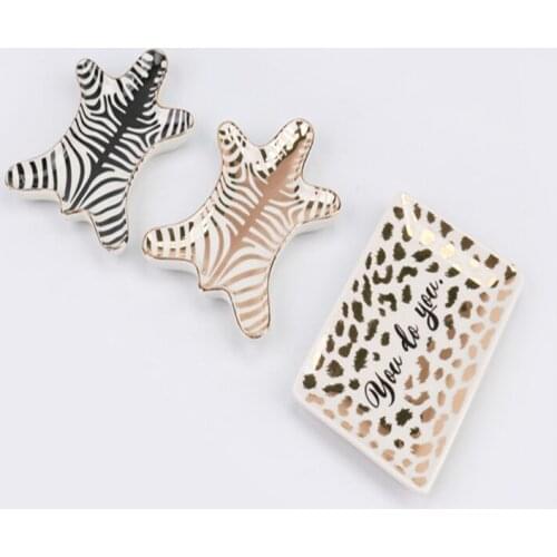 Gold-plated Tiger Skin Pattern Ceramic Storage Plate Snack Plate Zebra Dessert Jewelry Dish Jewelry Make Up Storage Desk