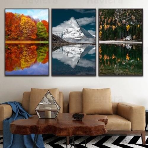 Natural Scenery Snow Mountain Lake Autumn Forest Landscape Posters and Prints Canvas Paintings For Living Room Decor Wall Art