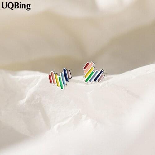Fashion 925 Sterling Silver Rainbow Heart Stud Earrings Jewelry Pendientes Brincos Fashion Jewelry