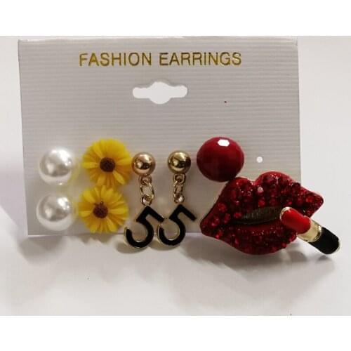 Mimiyagu pearl yellow flower red crystal Lips lipstick stud earring jewelry for women 4pair/set cheap wholesale