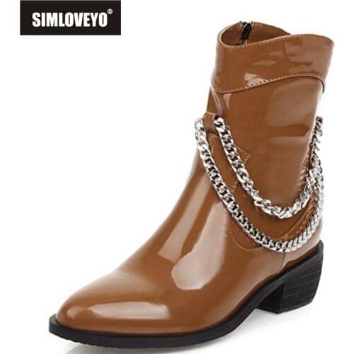 SIMLOVEYO 2021 Spring Autumn Ladies Ankle Boots Punk Chains Zip Short Plush 4.5CM Chunky Heel Size 33-46 Black Red Yellow A4436