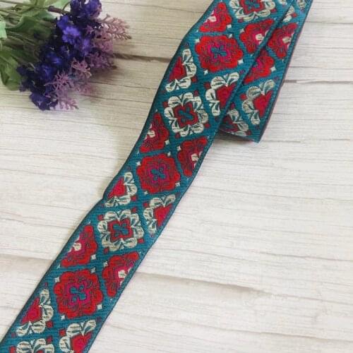 8yards/lots Woven Jacquard Ribbon 5cm Blue background red flowers pattern LS-4866