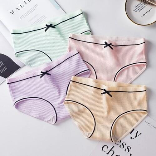 Panties Women Threaded Soft Cotton Bow Sexy Girly Japanese Solid Color Panties Striped Female Underpants M-XL