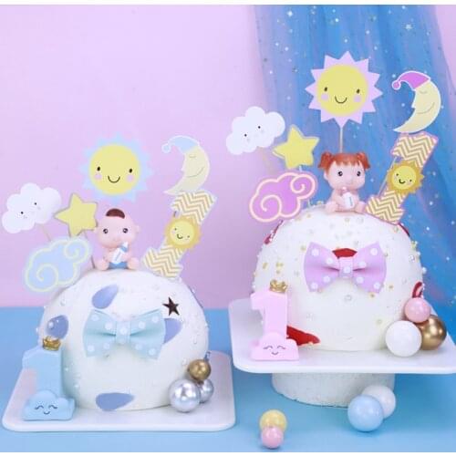 Vinyl Birthday Cake Decoration One Year Old Baby Shower Decoration Sun Moon Star Cloud Bow Baking Topper Suit