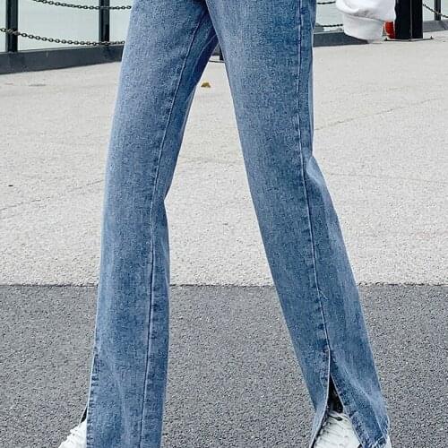 2021 Spring High Waisted Bell Bottom Jeans Full Length Denim Clothes Women Jeans Black Flare Pants Front Side Slit Leg