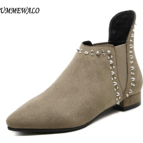UMMEWALO Boots Women Suede Leather Boots Qualiy Pointed Toe Shoes Ladies Casual Autumn Winter Rivets Shoes botines mujer