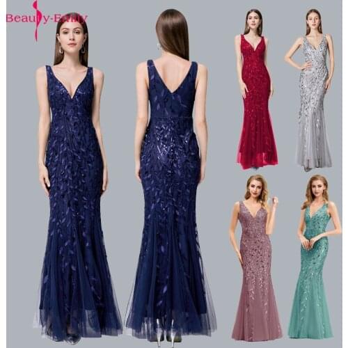 Beauty Emily Fashion Silver Appliques Tulle Mermaid Evening Dress 2020 Sexy V Neck Tank Sleeve Zipper Back Evening Dress Vestido