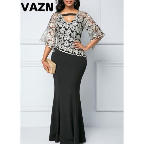 VAZN 2020 Hot Mature High-end Plus Size Vintage Embroidery Elegant Sexy Club Fahion Half Sleeve Women Mermaid Maxi Dress