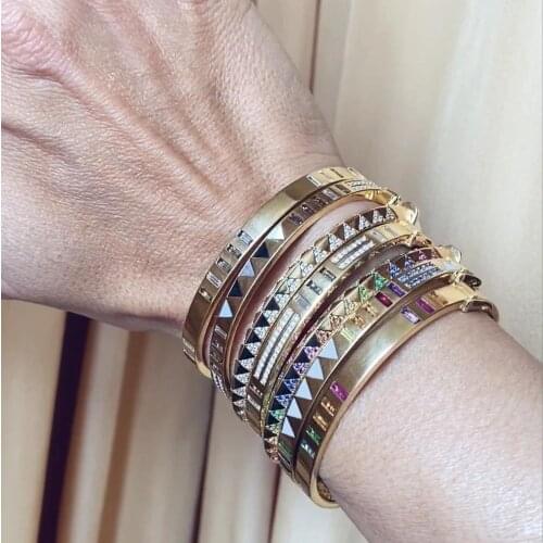 Gold Color CZ Band Bangle Bracelet For Women Micro Pave Rainbow CZ Colorful Fashion Jewelry