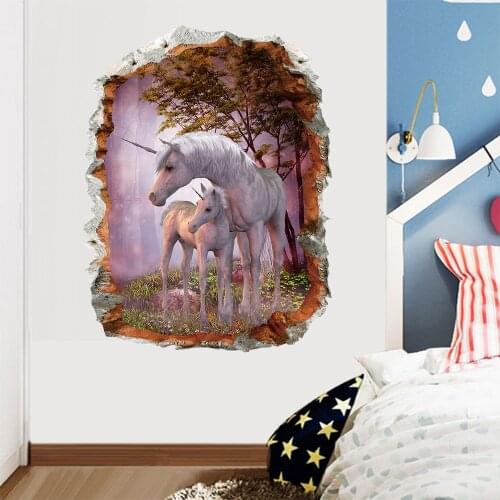 3D Unicorn Wall Stickers Living Room Bedroom Childrens Room Wallpaper Decorative Painting Green Wallpaper Sticker Mural
