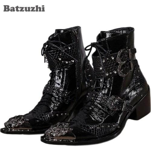 Batzuzhi-6CM Heels Black Men Boots Punk Style Handsome Boots Pointed Toe Iron Buckle Lace-up Motocycle Boots EU38-46