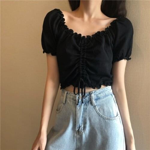 2021 Fashion Lace up Blouses Women Summer Sexy off Shoulder Crop Top Black Shirt Puff Sleeve Harajuku Female Blouse