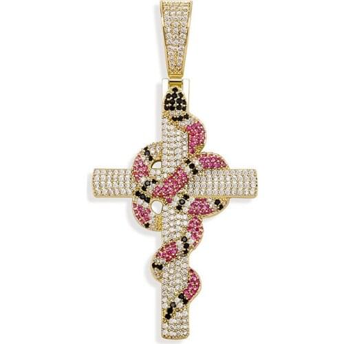 Lucky Sonny Full CZ Iced Cross With Snake Rose Gold Silver Color Hip Hop Bling Pendant Necklace Women Men Luxury Custom Jewelry