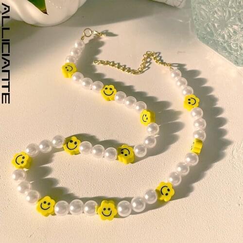 Simple Flower Smiley Face Choker Imitation Pearls Beaded Necklace For Women Candy Fruits Heart Smiling Bead Strand Boho Jewelry
