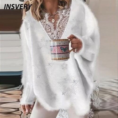 Elegant Women Sweater V Neck Lace Patchwork Autumn Winter Loose Knitted Sweater Women Fashion Long Sleeve Jumper 2021
