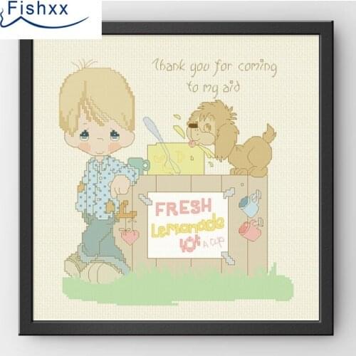 Fishxx Cross Stitch 14CT Kit European Style ChildrenS Bedroom Paintings H134 Cold Drink Boy And His Dog
