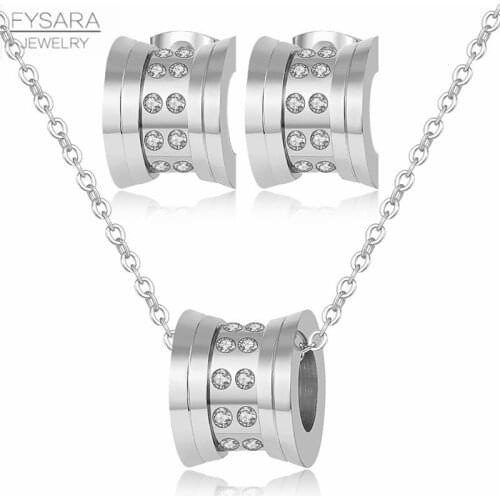 FYSARA Cubic Zirconia Crystals Round Stud Earrings And Short Necklace Women Famous Brand Stainless Steel Jewelry Set Cute Gift