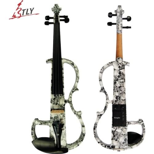 Kinglos Advanced Electric Art Full Size Violin Skull Painted Solid Wood Silent Violin 4/4 Ebony Fittings w/ Parts(DSG-1312)