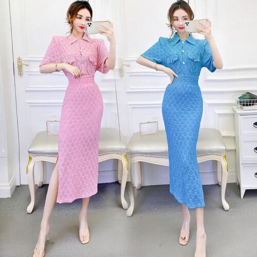 Two-Piece Sets Female Summer Dress New Korean Temperament Slim-Fit Short-Sleeved Shirt + Split Skirt Suits